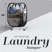 Handy Laundry Mesh Pop-Up Hamper Collapsible with Side Pocket 2-Pack | Breathable foldable design saves space; wide opening makes loading easy. Sturdy build stores clothes neatly. Black.