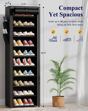 Kitsure 10-Tier Shoe Rack with Cover, Vertical Shelf, 17.5" Wide, Black | Space Saving Shoe Storage with Side Pocket, Shoe Organizer for Closet, Entryway, Bedroom, Zapateras Cabinet