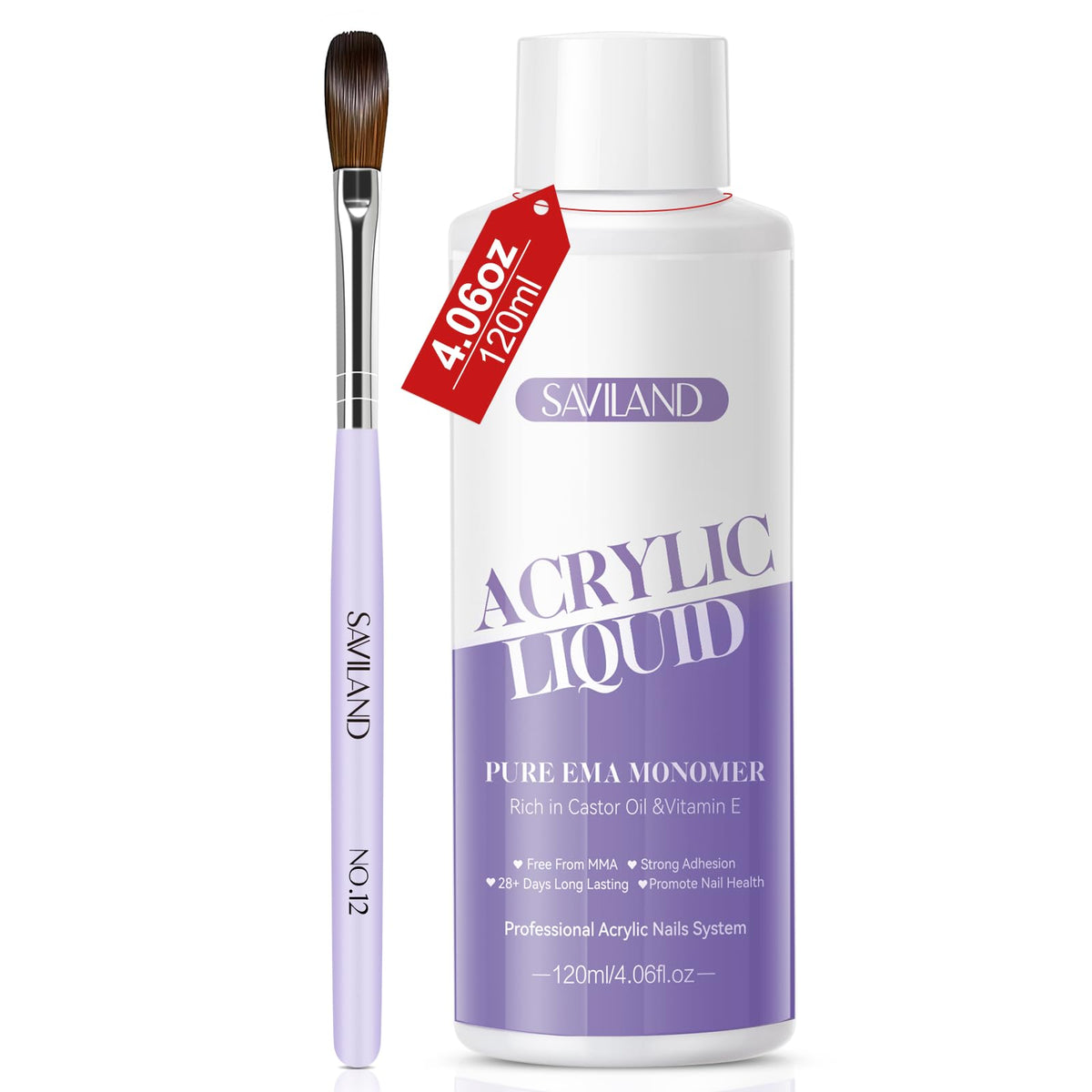SAVILAND Low Odor Monomer Acrylic Nail Liquid, 4 oz | Non-Yellowing Monomer, With #12 Nail Brush, For Acrylic Powder Application, Beginners At-Home DIY & Professional Salon Use