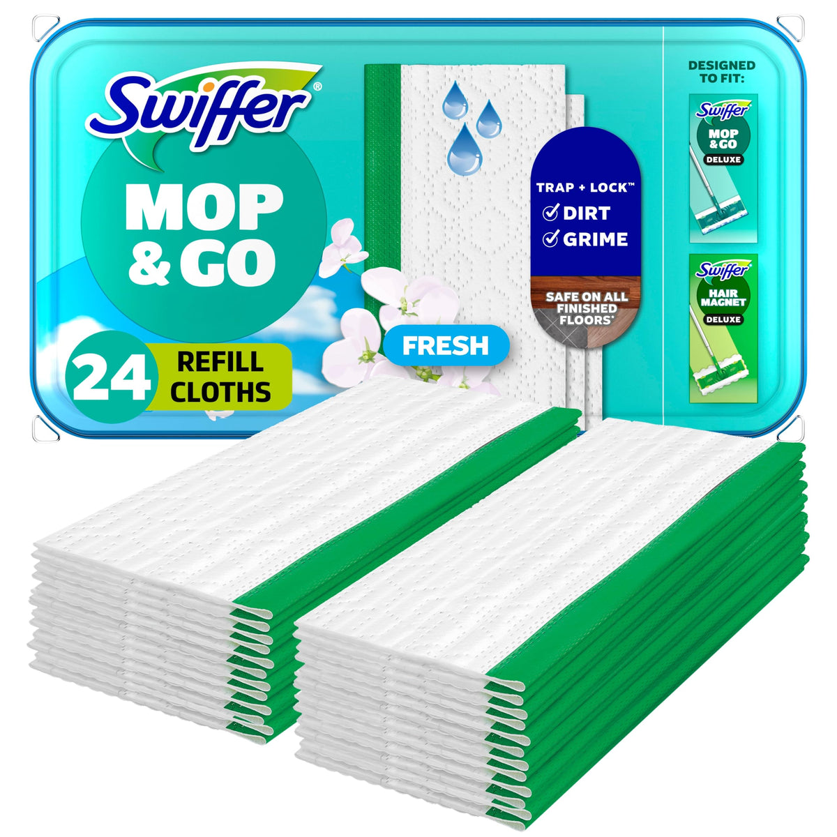 Swiffer Sweep + Mop, Wet Pads Refill, Floor Cleaner for Dirt, Dust, Hair, Cleaning Cloths for Mopping Home, Bathroom, Kitchen, All Purpose Multi-Surface Floor Wipes, Fresh, 24ct
