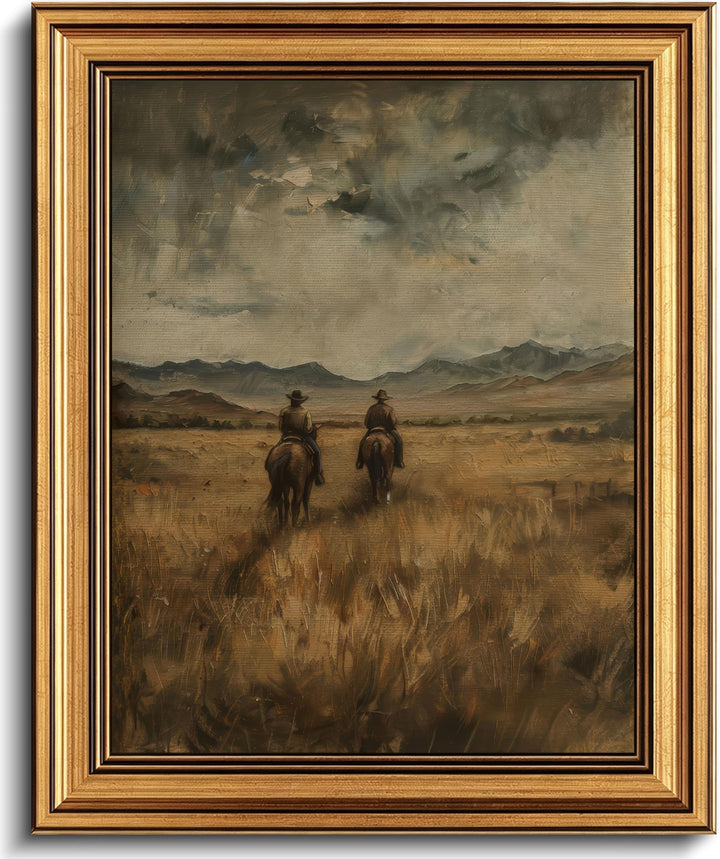 Gold Framed 3D Textured Wall Art, Vintage Western Cowboy Horse Canvas Prints, Wild West Mountain Landscape Pictures Decor, Mid-Century Equestrian Gallery Artwork for Living Room Office 16x12 in