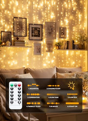 Brightown 300 LED Fairy Curtain Lights, 9.8ft x 9.8ft Curtain String Lights | Warm White USB Plug in 8 Lighting Modes Christmas String Hanging Lights with Remote for Bedroom Indoor Outdoor Party Xmas