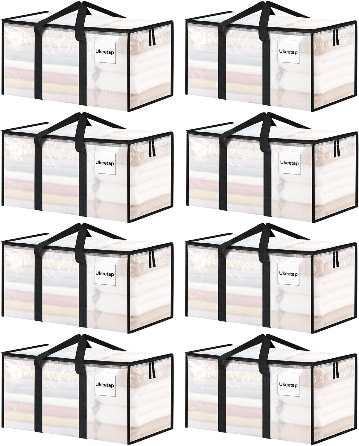 ukeetap 8 Pack Extra Large Clothes Storage Bins with Lids, Clear | Storage Bags with Reinforced Handles & Heavy-Duty Zippers, Moving Bags Boxes Totes for Clothes Packing, Dorms, College