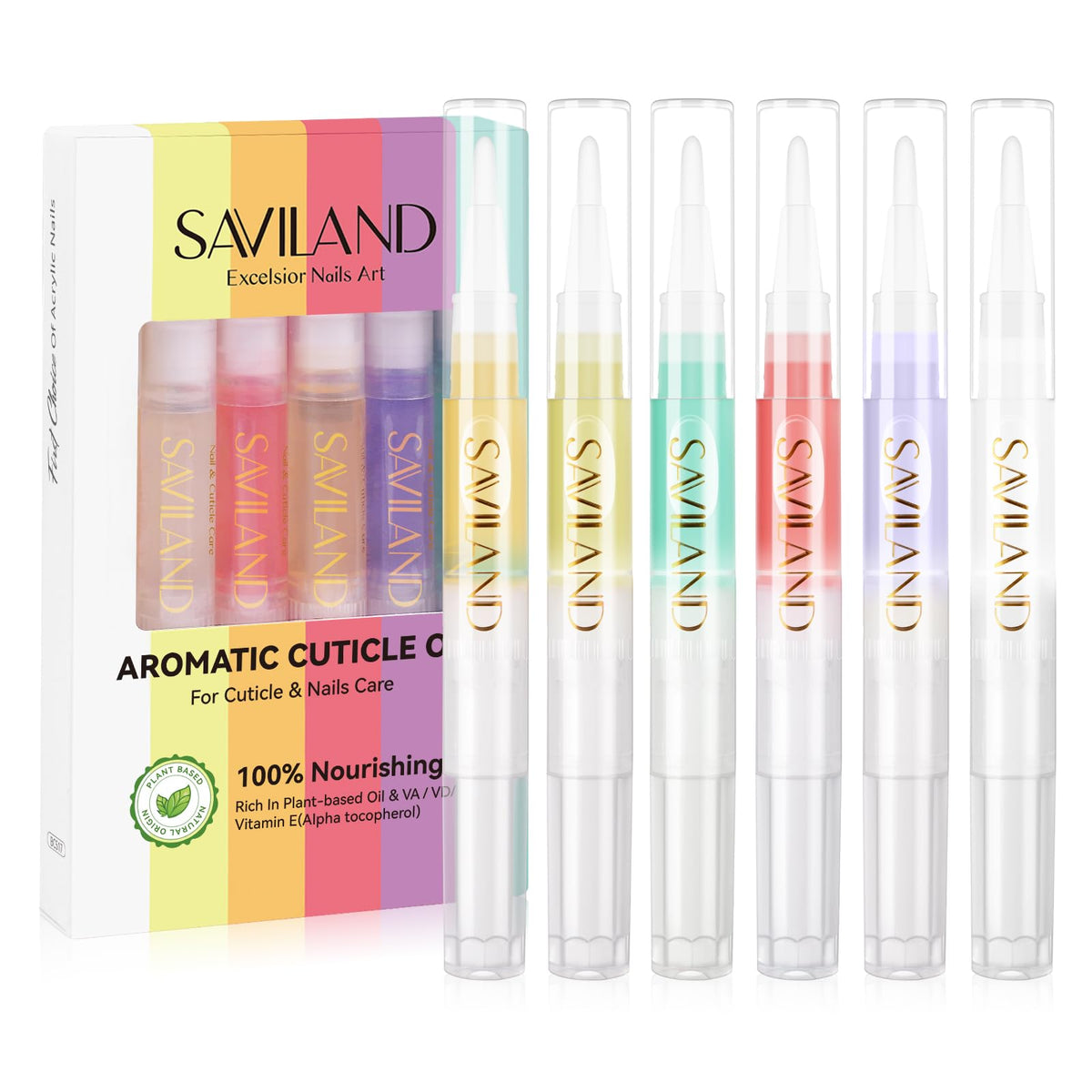 SAVILAND Natural Cuticle Oil Pen 6Pcs Vitamin E for Damaged Thin Nails | Revitalizing Cuticle Softener, Overnight Repair, Nail Strengthener, Plant-Based Jojoba & Olive Oil, Mess-Free Pen Applicator