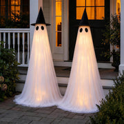 2 Pack 5 Ft Large Light Up Ghost Decor - Halloween Decorations Outdoor | Double-layered fabric, water bags and stakes, 8 light modes with timer, battery or USB power for porch and lawn