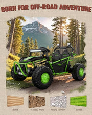 First Ride On 36V Kids Ride On UTV, 2-Seater 400W Electric Car for Kids 6+, 5-8 MPH Speed, 14" EVA Wheels, Metal Frame, Bluetooth Music, Rear Metal Suspension Off-Road Vehicle (Green)