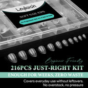 LEYKOSH Extra Short Almond Nail Tips, 216pcs Full Cover Soft Gel, 12 Sizes | 70-grit pre-sanded matte clear tips save filing time, with full-cover soft gel fit for DIY extensions and salon manicures.