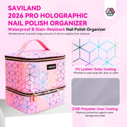 SAVILAND PU Leather Nail Polish Organizer Bag for Nail Tech, Pink | Holds 30 Bottles & Nail Lamp, Waterproof, Double-Layer, Adjustable Divider, Nail Organizers and Storage for Home and Travel