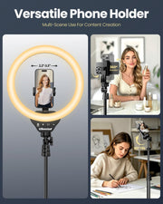 UBeesize 12" LED Ring Light with 62" Tripod Stand, Phone Holder & Remote | Dimmable Selfie Light for Video Recording, Live Streaming, TikTok, YouTube, Makeup, Compatible with iPhone & Android (Black)