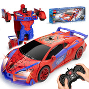Qumcou Spider-Themed Toys for Boys 3-8,1:16 Transforming Remote Control Car | Easy 2.4GHz Controls, One-Button Transforming RC Cars.Shining Red Blue Light,360° Spins for Indoor Play.Fun Gift for Boys