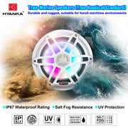 H YANKA HMS-65 6.5 Inch Marine Speakers, Waterproof, 750W, 7Color LED, Pair | 2‑Way marine‑grade coaxial speaker, IP67, salt‑UV resistant for durable long‑lasting use, for boats, utv, atv.