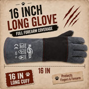 RAPICCA Animal Handling Gloves, Bite Proof Double Leather, 16 in Grey-Black | For Dog, Cat, Bird, Falconry, Snake & Reptile Handling; Vets, Groomers & Animal Control Teams