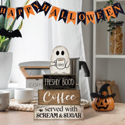 Lineshading 4 Pcs Halloween Coffee Table Decor Wooden Ghost Coffee Bar Sign | Stackable Blocks Bar Farmhouse Rustic Ghost Tiered Tray Decor Festive Boo Wooden Signs Home Office Kitchen Shelf